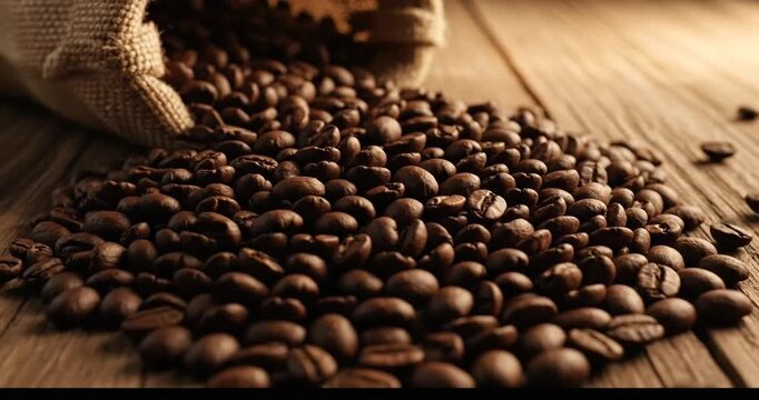Freshly roasted coffee beans spilling from a burlap sack onto a wooden surface, creating a warm atmosphere