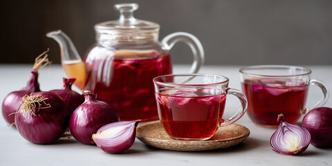 Onion tea served in glass cups on wooden plate with fresh onions  