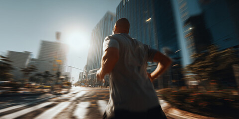 Man running on city street in sunlight with skyscrapers in background  