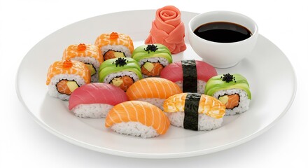 Freshly prepared colorful sushi rolls and nigiri with savory soy sauce and artistic pickled ginger on a clean white plate. AI Generated