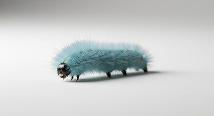 Curious vibrant blue fuzzy caterpillar slowly crawls on a pristine white surface under bright soft studio illumination. AI Generated