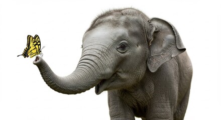 Innocent baby elephant curiously gazes at a vibrant butterfly resting on its upturned trunk bright clean studio shot. AI Generated
