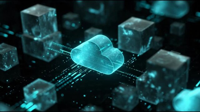 A futuristic cloud computing concept featuring abstract 3D cubes and motion graphics