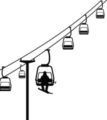 Ski lift chair silhouettes with gondola cable cars transporting skier uphill winter mountain resort black vector illustration minimal design © Rokeya