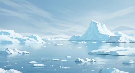 Serene Arctic vista with towering icebergs elegantly drifting on placid blue water under a softly lit sky. AI Generated