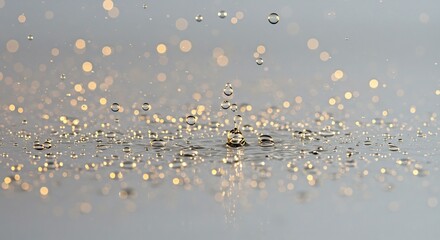 Golden sparkling water droplets splash softly on a reflective surface creating a beautiful bokeh light effect. AI Generated