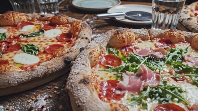 Delicious artisanal pizzas with fresh toppings like pepperoni, mozzarella, and arugula, served on a rustic wooden table