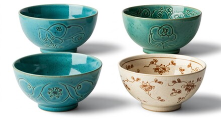 Vibrant handcrafted ceramic bowls showcase delicate floral designs with warm natural light creating soft shadows. AI Generated