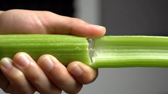 Close-up view of a fresh green celery stalk being broken in half by hand