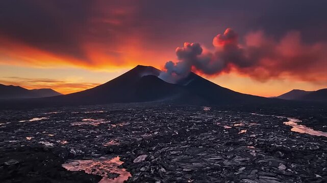 Dual Volcano Eruption at Sunset with Cooling Lava Flow Landscape