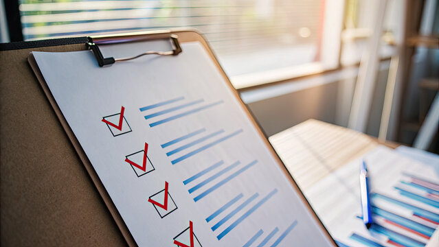 Detailed document with quality certificate and checklist target marketing concept. A close-up of a checklist with completed tasks in an office.