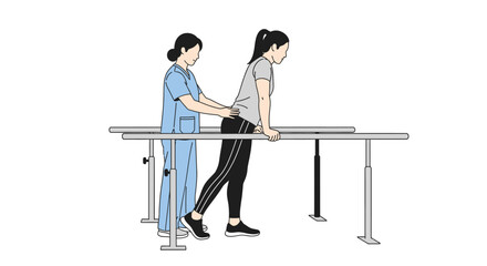 Professional Physiotherapist assisting female patient with gait training using parallel bars for recovery and rehabilitation illustration.