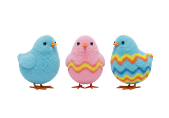 Three vibrantly decorated, fluffy artificial Easter chicks (solid light blue, striped pink, striped light blue) on white background with copy space, soft shadows, Easter holiday celebration atmosphere