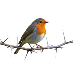 Fototapeta premium European Robin Perched on a Thorny Branch Against a White Background