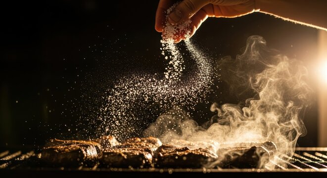 A dramatic shot of salt being sprinkled over grilled food from a height, the crystals catching the light as they fall like tiny diamonds.
