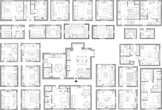 Collection of diverse floor plan layouts for apartments and houses