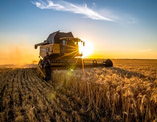 Obraz premium A large agricultural machine harvests wheat in a golden field at sunset. Dust rises as the sun peeks through, creating a stunning scene