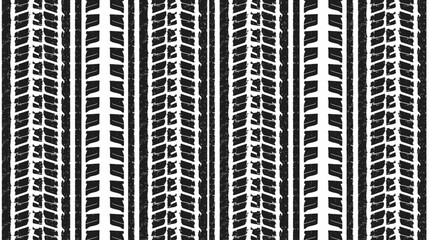 Seamless pattern of various black and white tire tracks showing different tread designs and vehicle imprints.