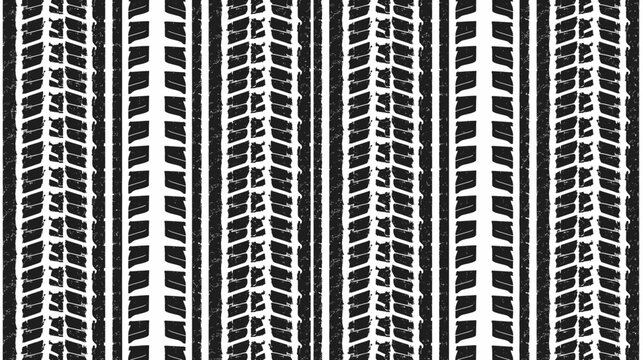 Seamless pattern of various black and white tire tracks showing different tread designs and vehicle imprints.