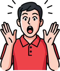 Fototapeta premium Cartoon illustration of a surprised young man in a red shirt gasping with wide eyes and raised hands.