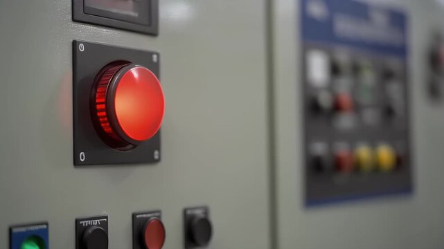 Close Up Hand Pressing Emergency Stop Button on Industrial Control Panel