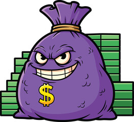 Evil Purple Cartoon Money Bag with a Sinister Grin and Piles of Green Cash.