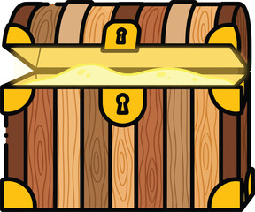 Illustrated wooden treasure chest with golden locks slightly ajar revealing a glowing interior.