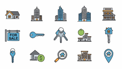 Real Estate Icons - Buildings, Keys, and For Sale Sign.