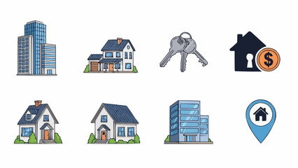 Real Estate Icons Set - Buildings, Houses, Keys, and Location Pin.
