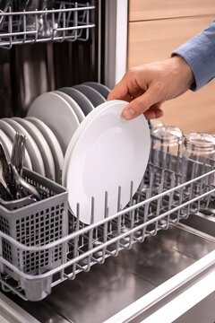 Close-up of a hand placing a clean white plate into a dishwasher rack with other dishes and glasses