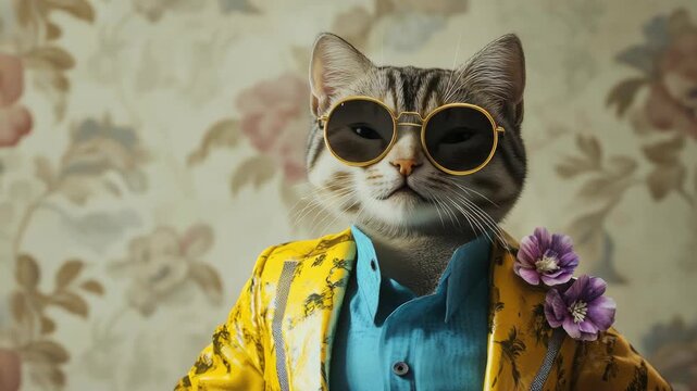 Cute cat in sunglasses and suit, posing for fashion