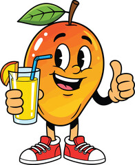 Smiling Cartoon Mango Character Holding Juice and Giving Thumbs Up.