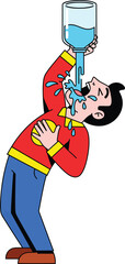 Thirsty cartoon man in a red sweater messily drinking and spilling water from a large jug.