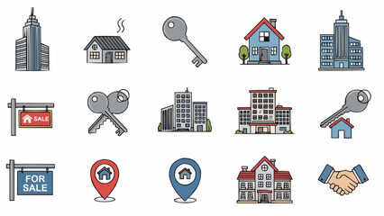 Real Estate Icons - Buildings, Houses, Keys, and Signs.