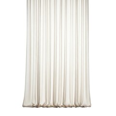 A sheer off-white curtain with a subtle glittery texture and vertical pleats hangs gracefully against a bright white background, offering a soft and elegant window treatment.