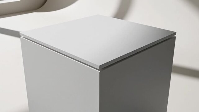 A minimalistic gray pedestal table with soft shadows and a window in the background