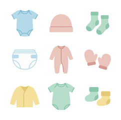Baby clothing assortment newborn essentials isolated vector illustration