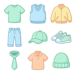 Cartoon clothing set illustration various apparel items isolated