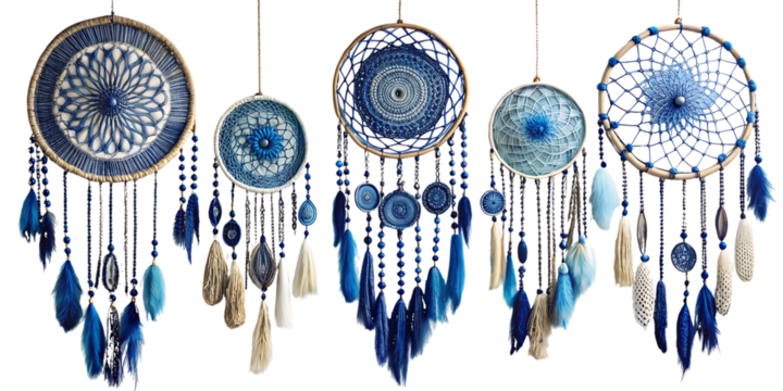 Blue and white dreamcatchers with feathers on white isolated on a transparent background hanging - Powered by Adobe