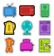 Collection of colorful household appliances icons on black background