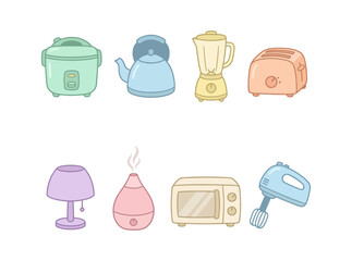 Collection of domestic appliances illustration on black background