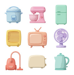 Collection of colorful illustrated household appliances on black