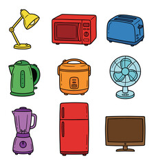 Collection of domestic appliances illustration on black background
