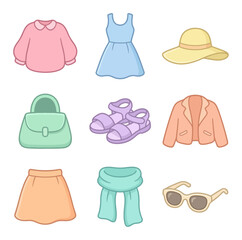 Collection of fashion apparel and accessories icons on black background