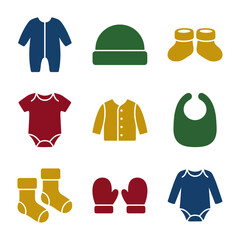 Colorful flat lay collection of baby clothing essentials