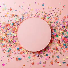 Pink round frame surrounded by confetti, on a pastel pink backdrop