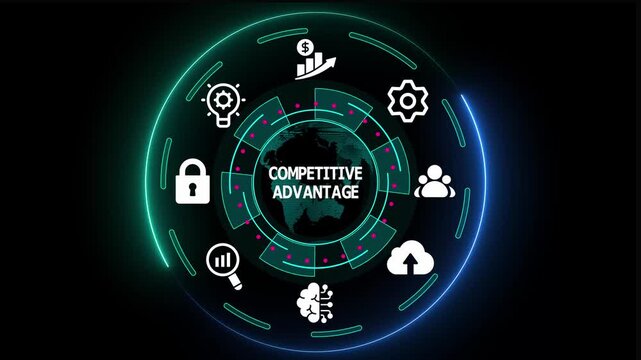 Competitive advantage strategy with market positioning analytics, performance comparison icons, and business growth intelligence visualization on digital interface.