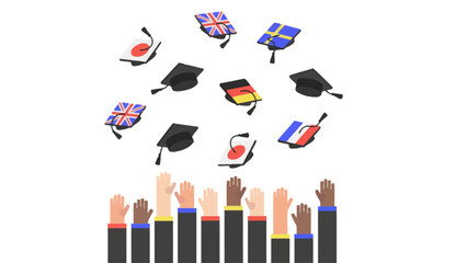 Diverse hands reaching up toward graduation caps decorated with various country flags, celebrating international student diversity