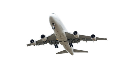 Obraz premium Large, modern white commercial cargo jet airplane, extended multi-wheeled landing gear, massive turbofan engines, against a transparent studio background. Concept of global logistics and air travel