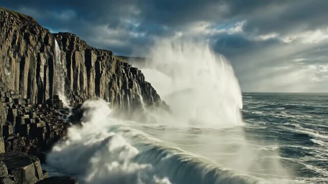 Dramatic ocean waves crashing against basalt cliffs under a stormy sky.